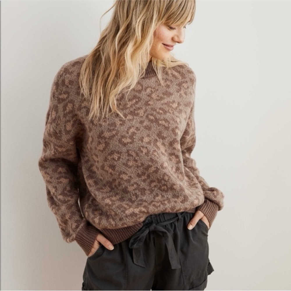 Aerie Brown Leopard Print Crew Neck Sweater